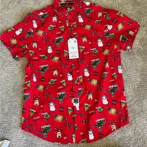 Vibrant Red Casual Button Down Shirt with Festive Pattern